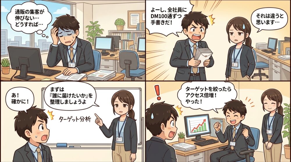 通販 集客方法の4コマ漫画