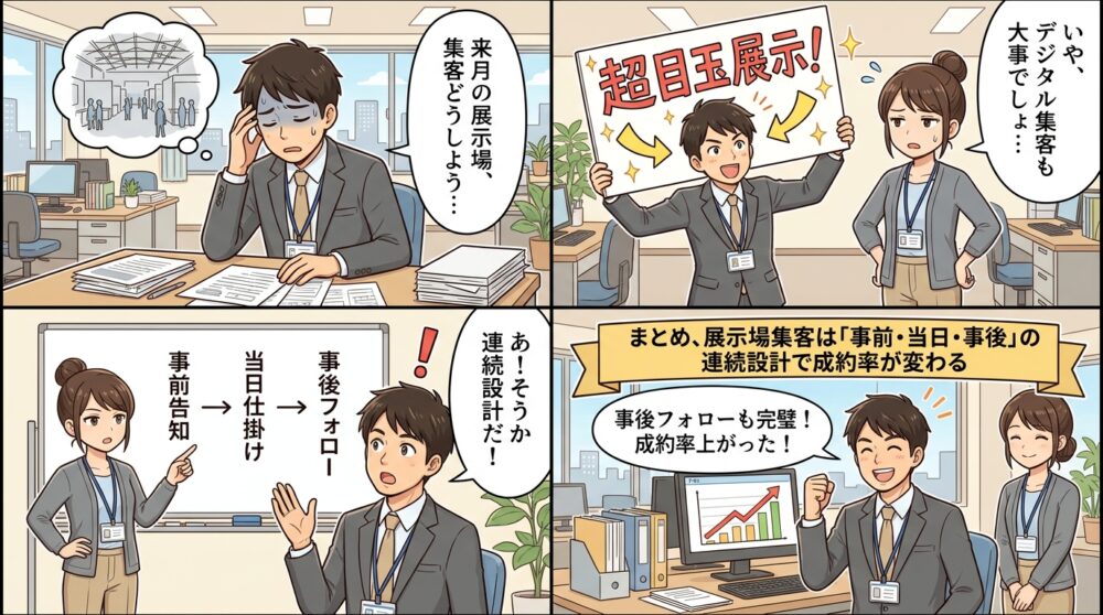 展示場 集客方法の4コマ漫画