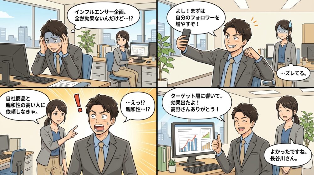 インフルエンサーマーケティング 効果ないの4コマ漫画