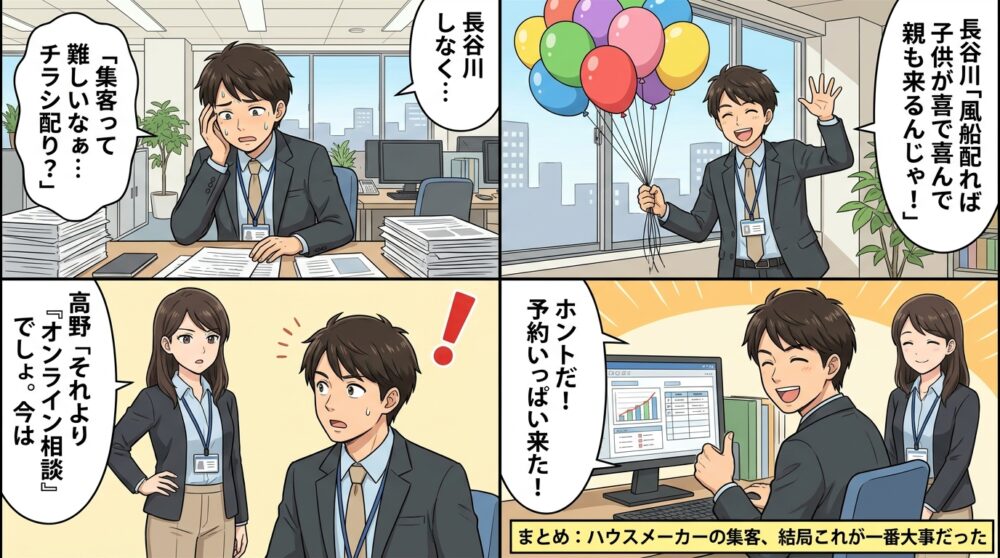 ハウスメーカー 集客方法の4コマ漫画