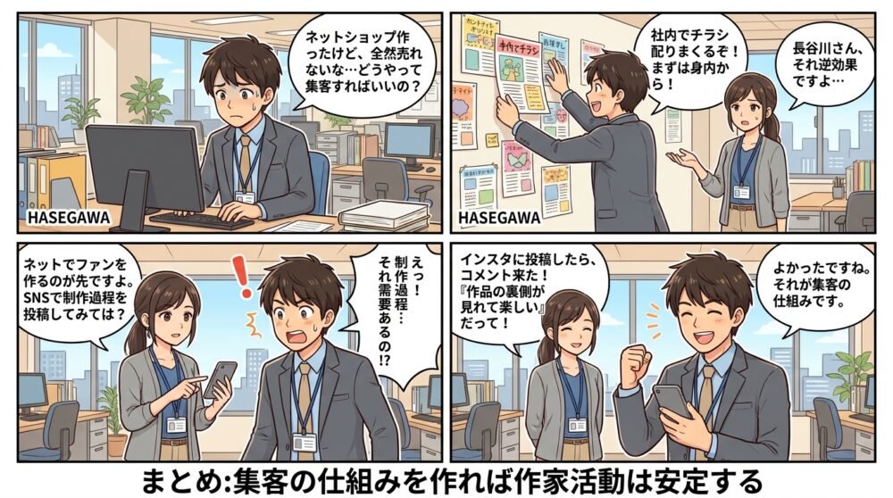 ハンドメイド 集客方法の4コマ漫画