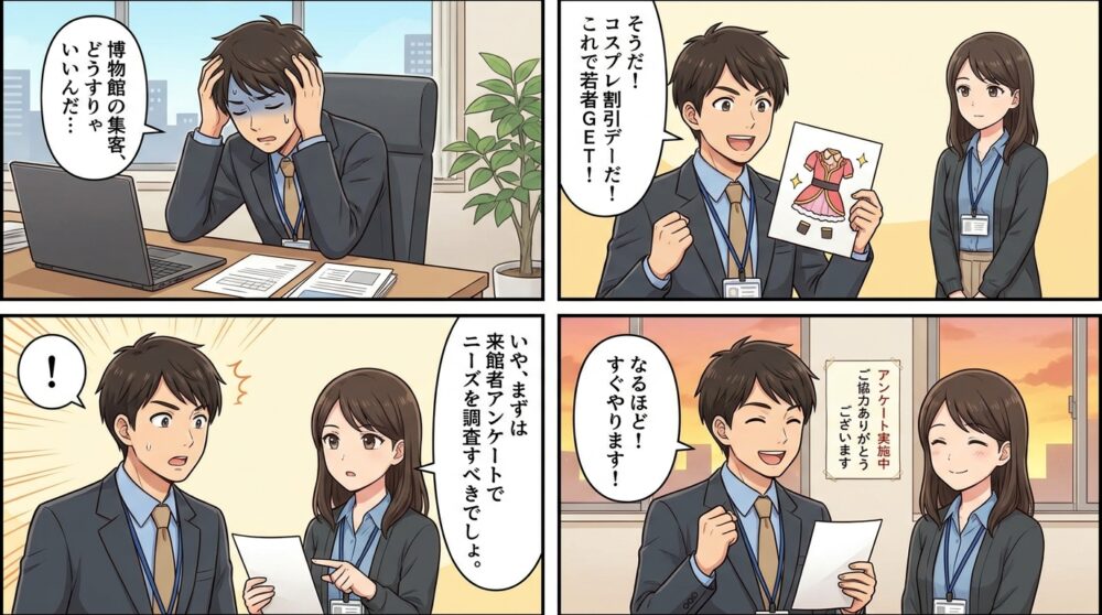 博物館 集客方法の4コマ漫画
