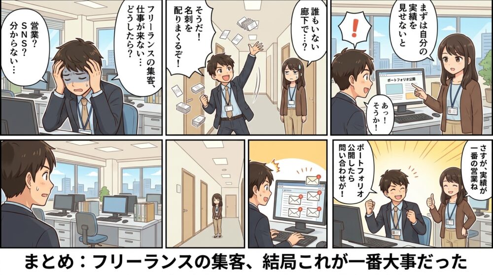 フリーランス 集客方法の4コマ漫画