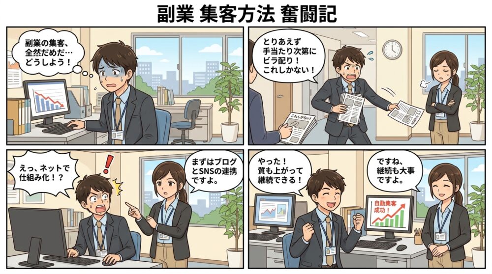 副業 集客方法の4コマ漫画