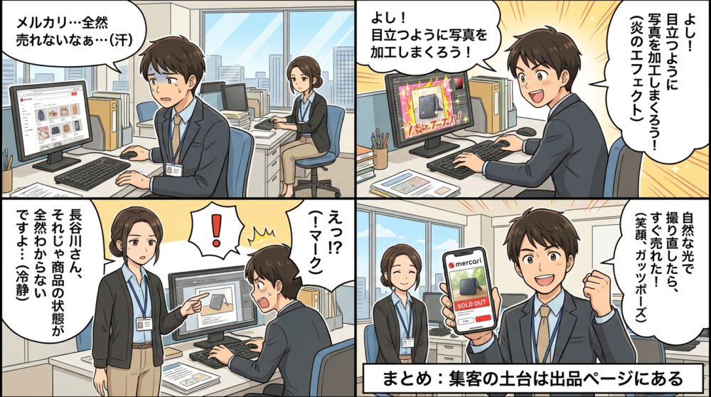 メルカリ 集客方法の4コマ漫画