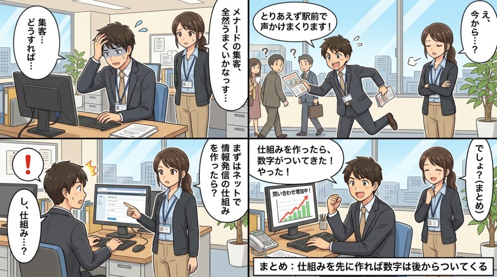 メナード 集客方法の4コマ漫画