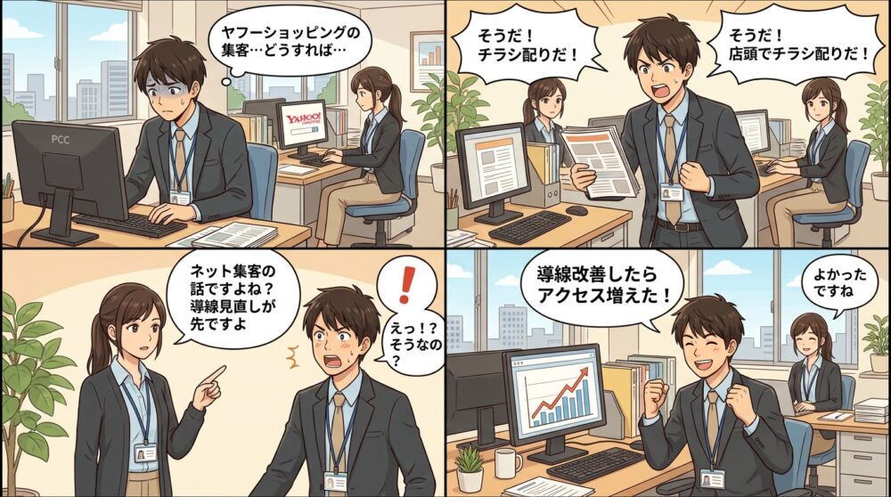 ヤフーショッピング 集客方法の4コマ漫画