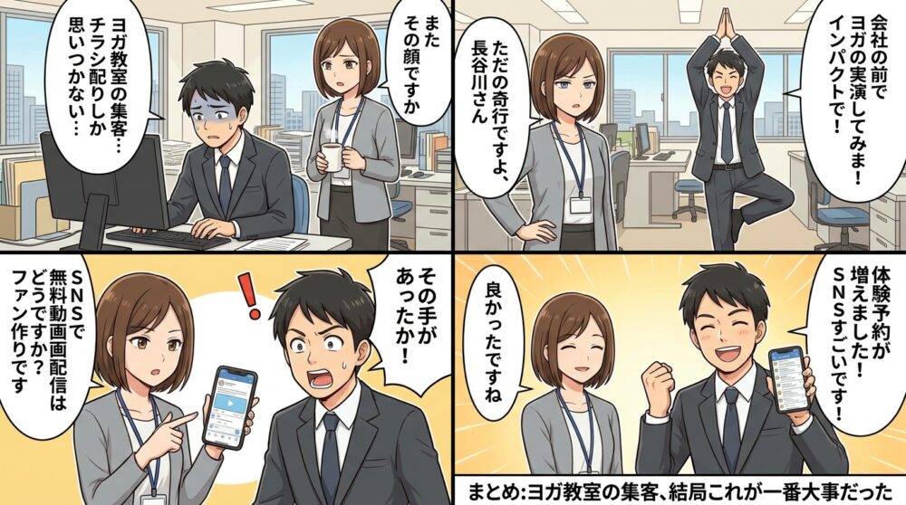 ヨガ 集客方法の4コマ漫画