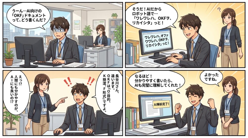 AIに読ませやすいドキュメントの書き方「OKF」の4コマ漫画