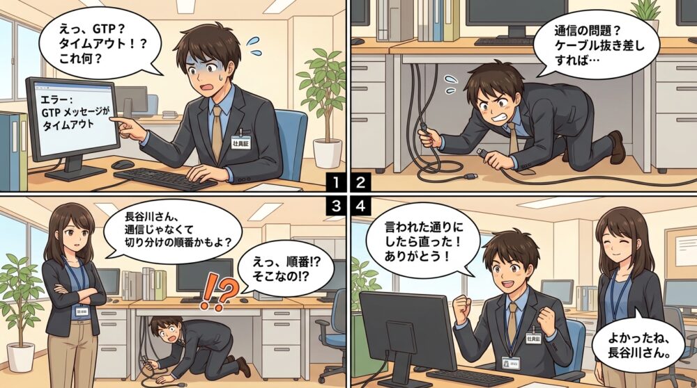 GTP メッセージがタイムアウトの4コマ漫画