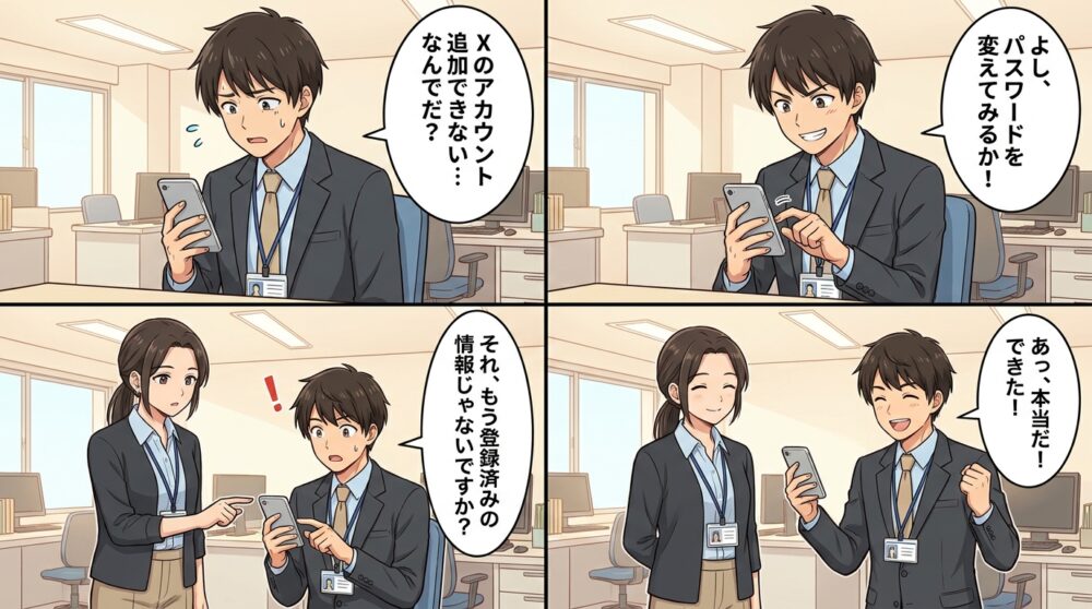 Xアカウント追加できないの4コマ漫画