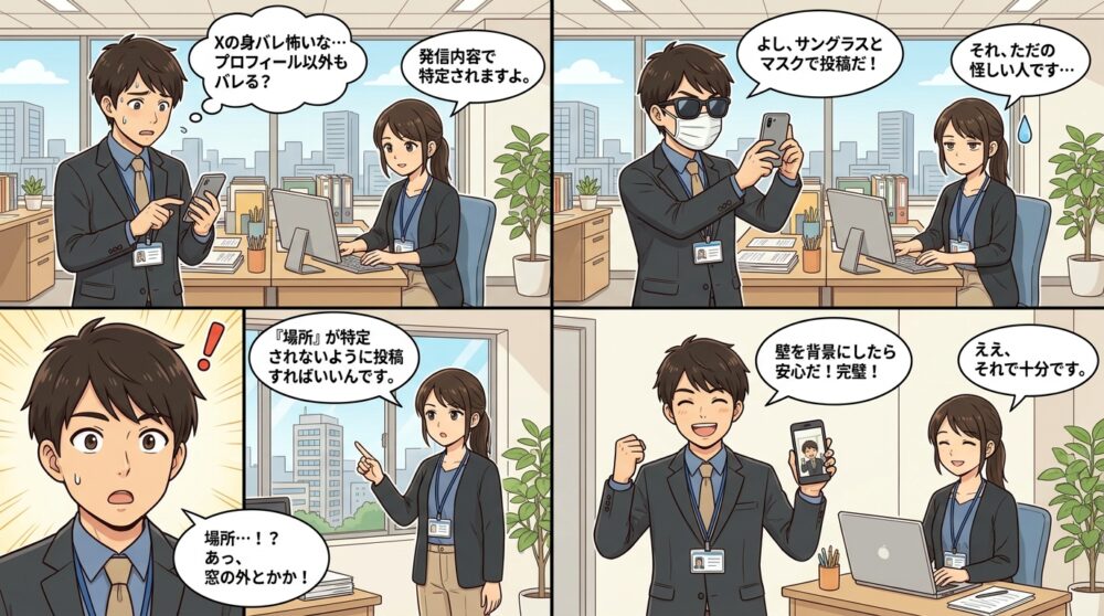 X身バレ防止の4コマ漫画