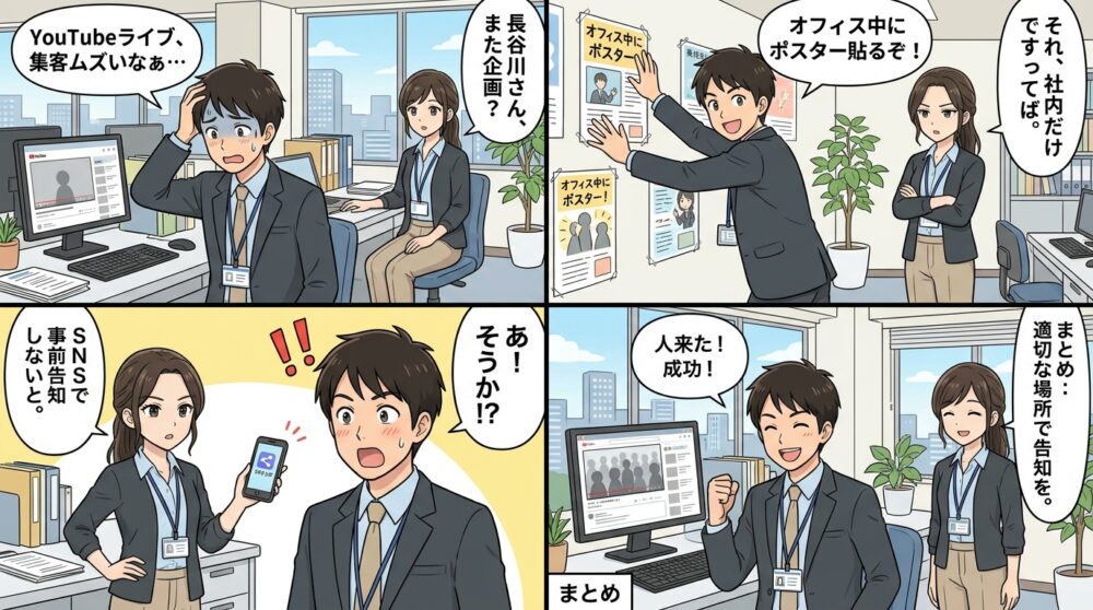 youtube ライブ配信 集客の4コマ漫画