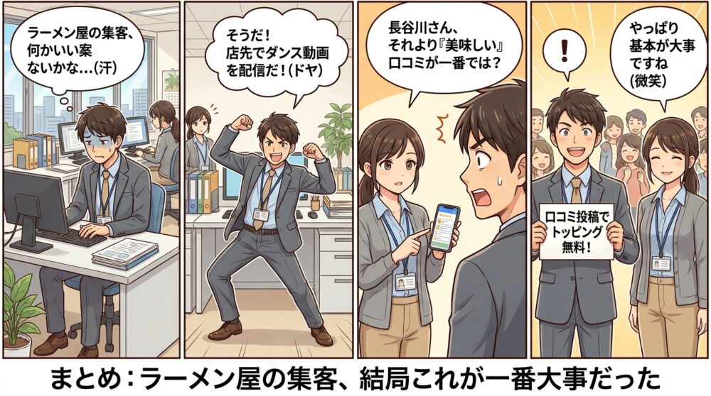 ラーメン屋 集客方法の4コマ漫画