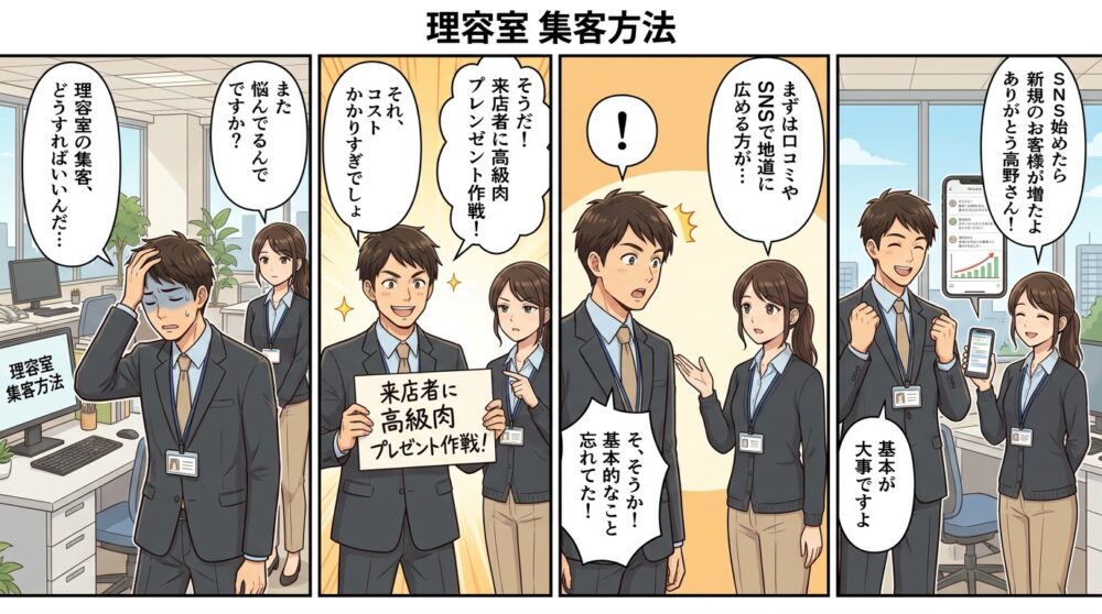 理容室 集客方法の4コマ漫画
