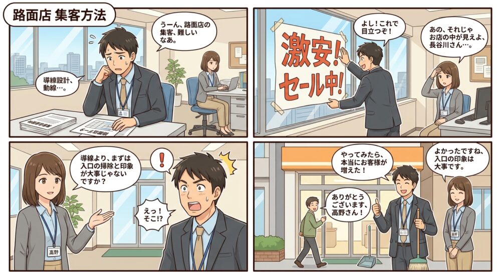 路面店 集客方法の4コマ漫画