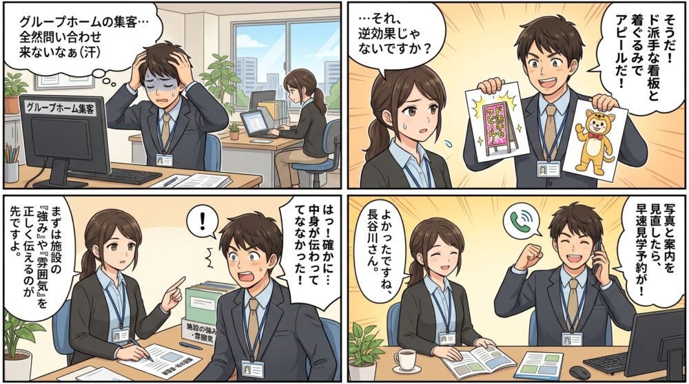 グループホーム 集客方法の4コマ漫画