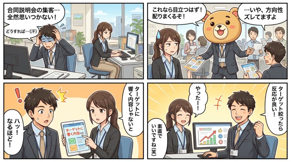 合同説明会 集客方法の4コマ漫画