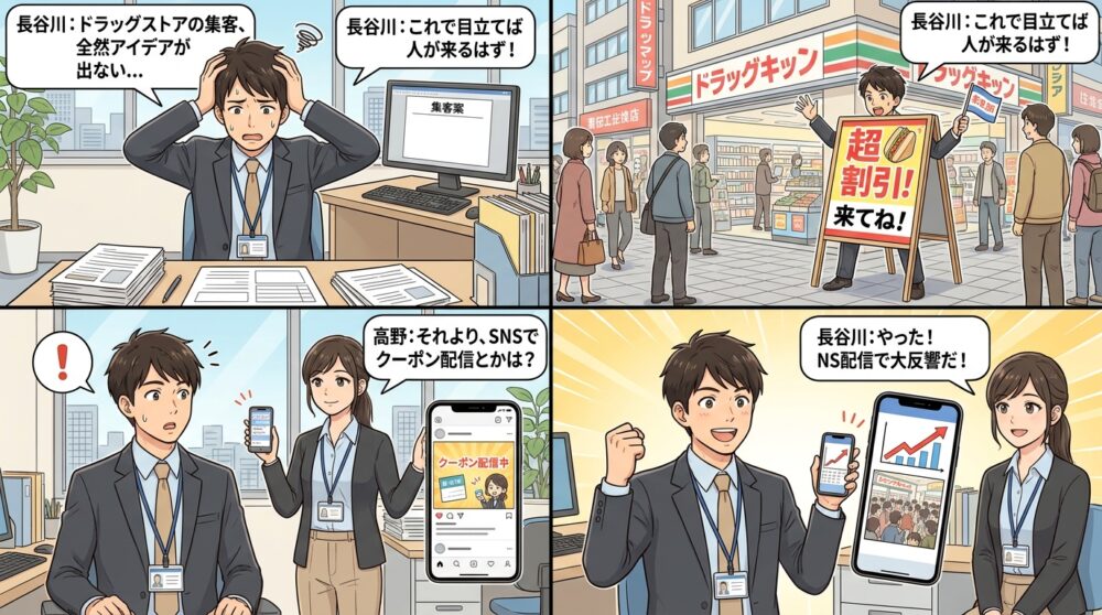 ドラッグストア 集客方法の4コマ漫画