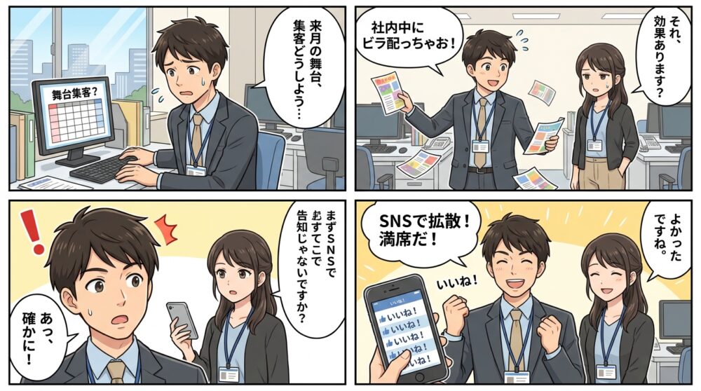 舞台 集客方法の4コマ漫画