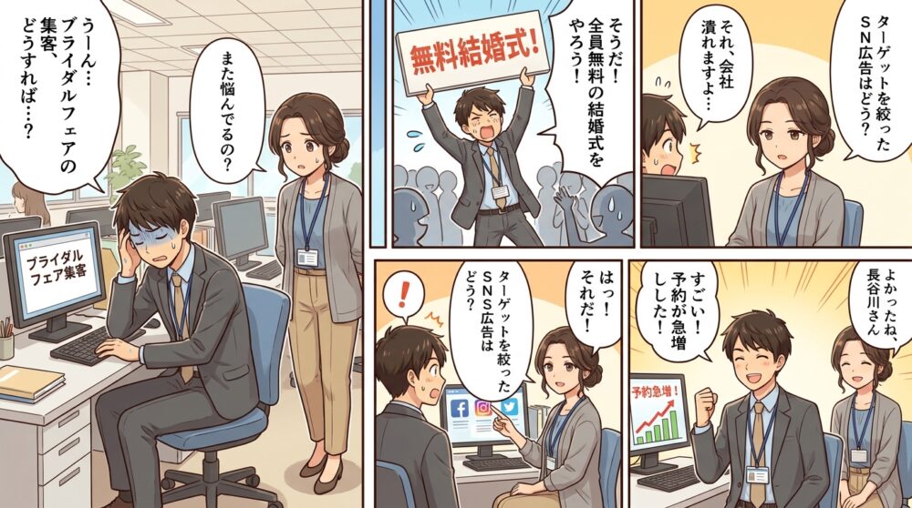 ブライダルフェア 集客方法の4コマ漫画
