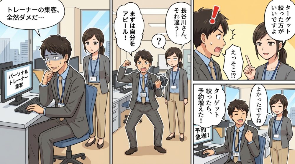 パーソナルトレーナー 集客方法の4コマ漫画