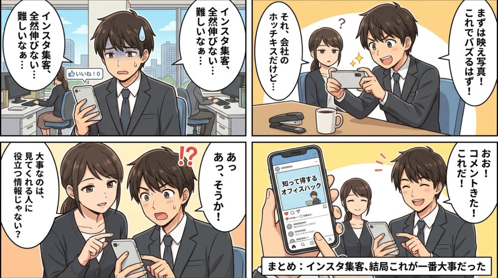 インスタ 集客 難しいの4コマ漫画