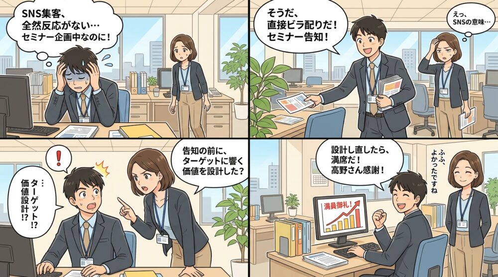 sns 集客 セミナーの4コマ漫画