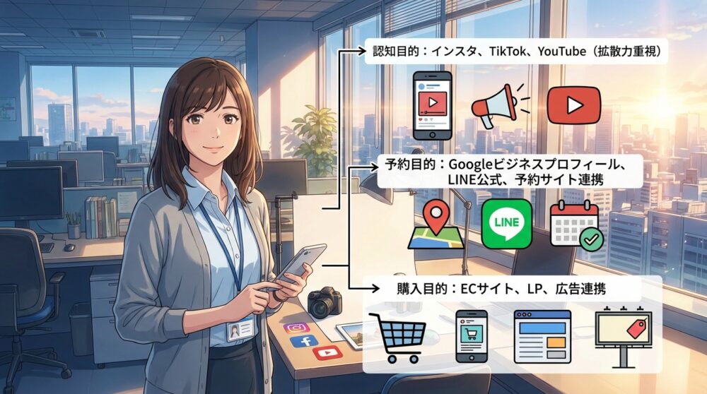 集客の目的を「認知」「予約」「購入」のどこに置くか