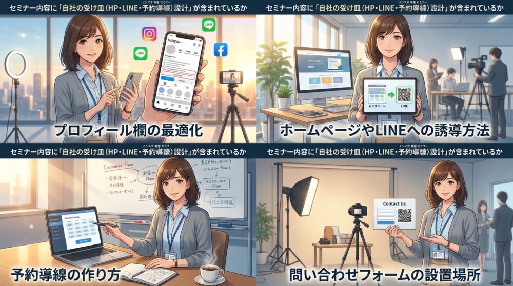 セミナー内容に「自社の受け皿(HP・LINE・予約導線)設計」が含まれているか