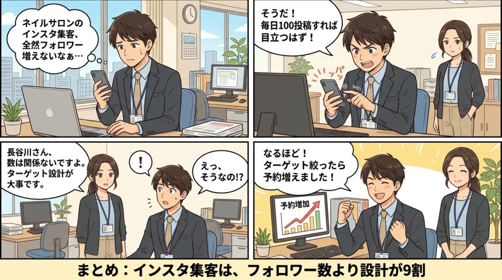 ネイルサロン インスタ 集客の4コマ漫画