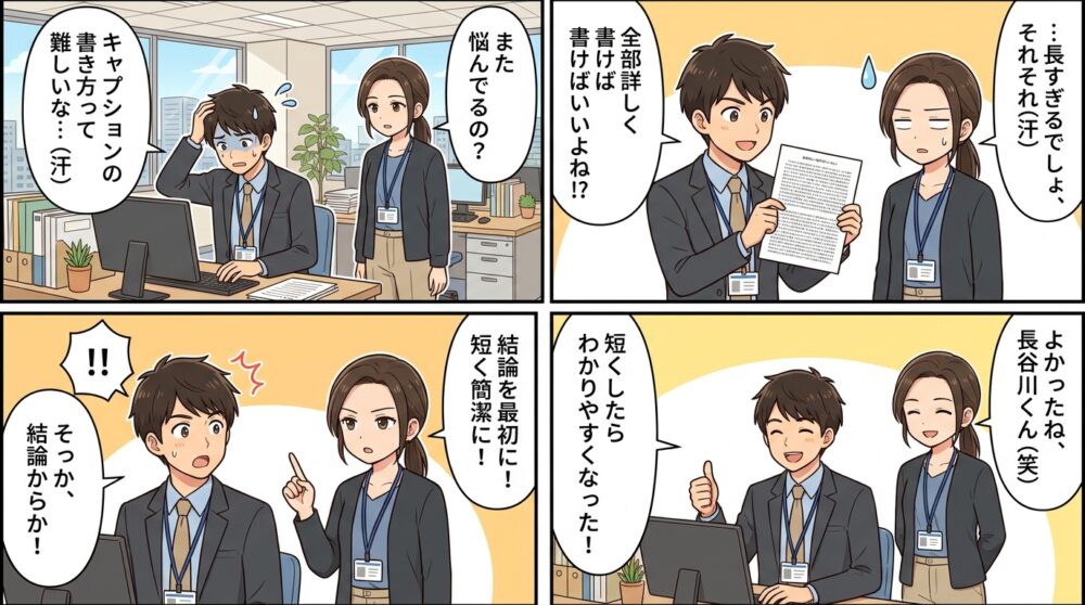 キャプション 書き方の4コマ漫画
