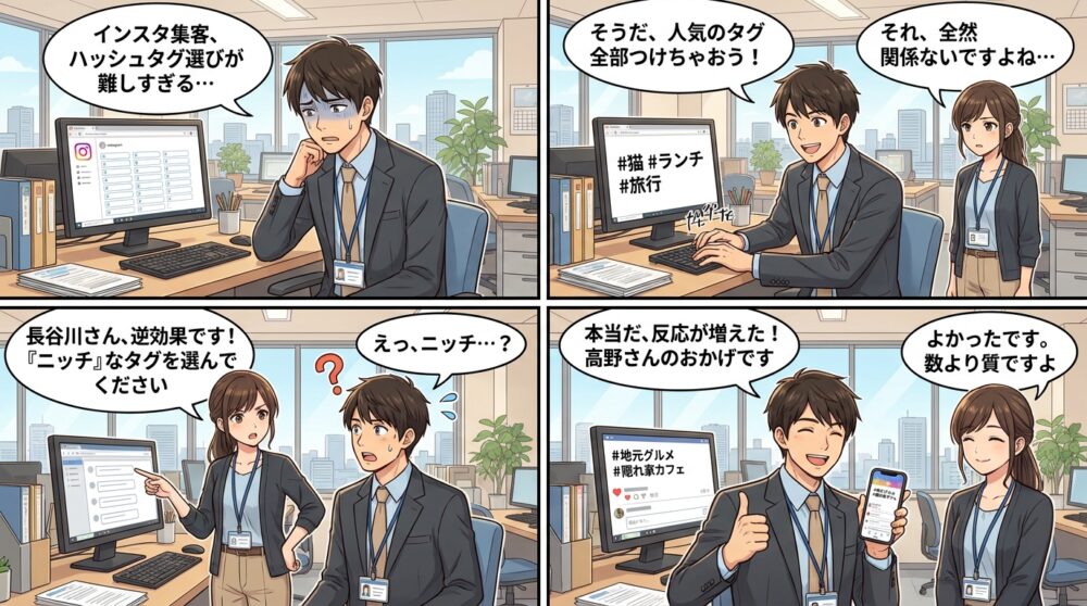 インスタ 集客 ハッシュタグの4コマ漫画