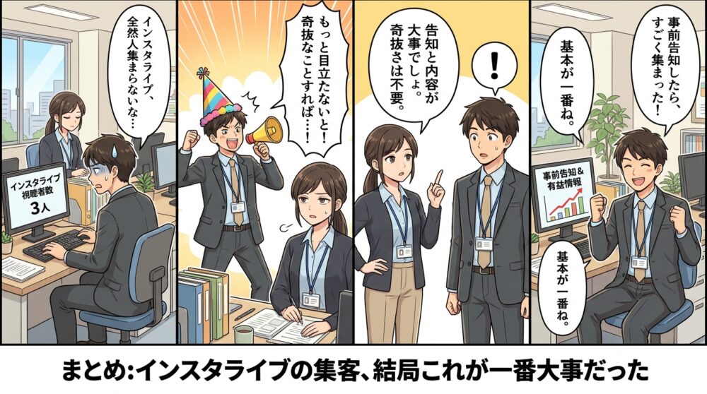 インスタ ライブ 集客の4コマ漫画