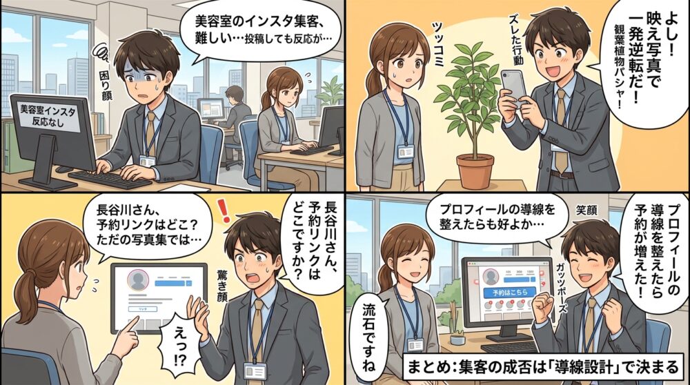 美容室 インスタ 集客の4コマ漫画