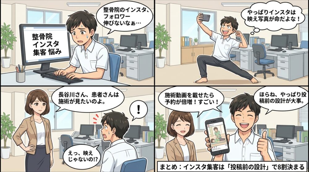 整骨院 インスタ 集客の4コマ漫画