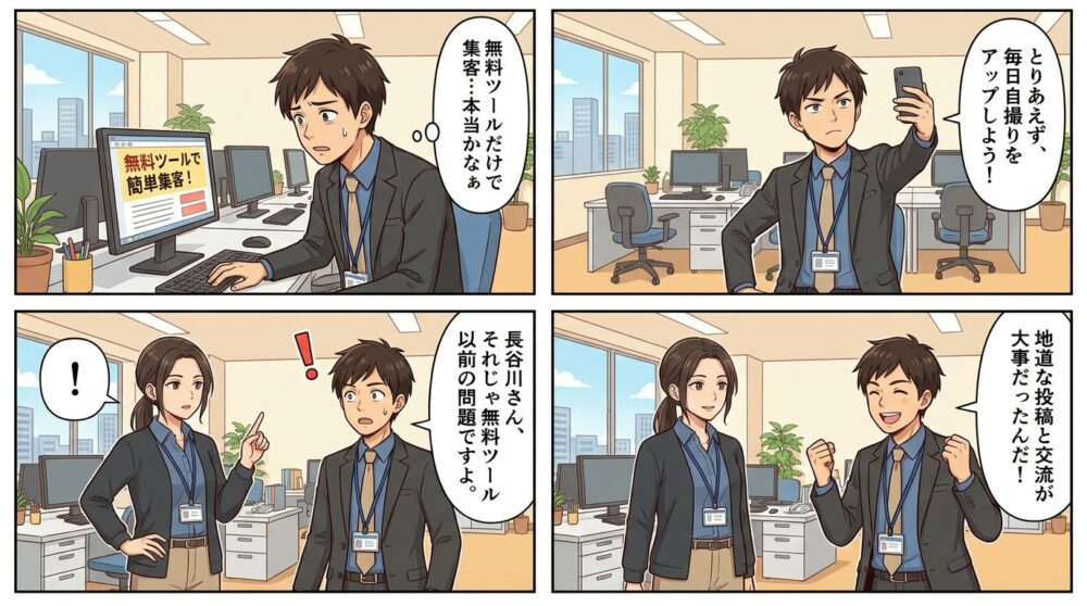 インスタ 自動 集客 ツール 無料の4コマ漫画