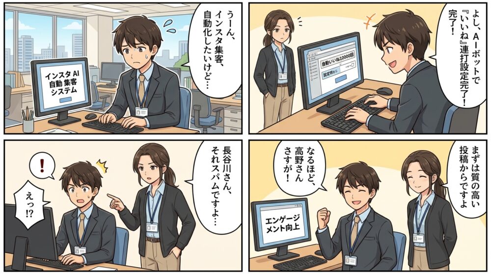 インスタ ai 自動 集客 システムの4コマ漫画