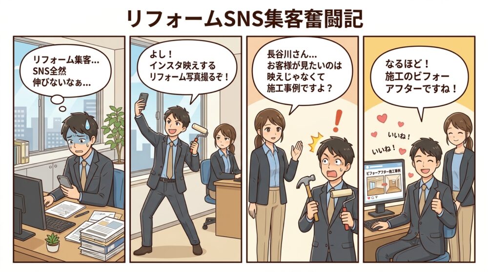 リフォーム sns 集客の4コマ漫画