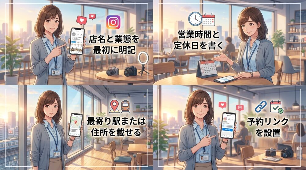 ステップ②:プロフィールに予約リンク・営業時間・地図を載せる