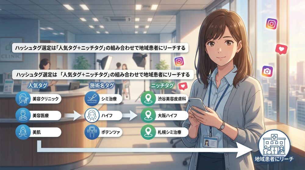ハッシュタグ選定は「人気タグ+ニッチタグ」の組み合わせで地域患者にリーチする