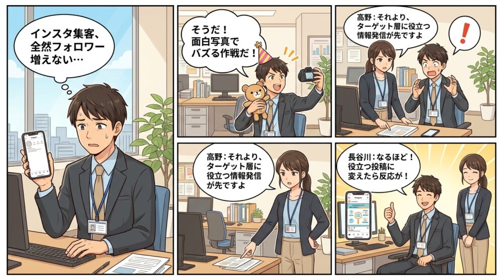 インスタ 集客 悩みの4コマ漫画