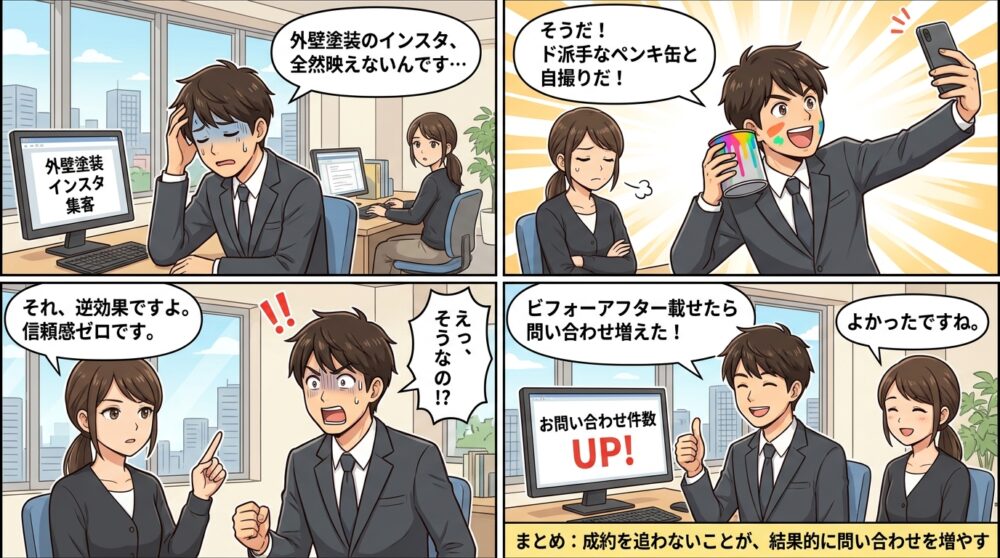 外壁 塗装 インスタ 集客の4コマ漫画