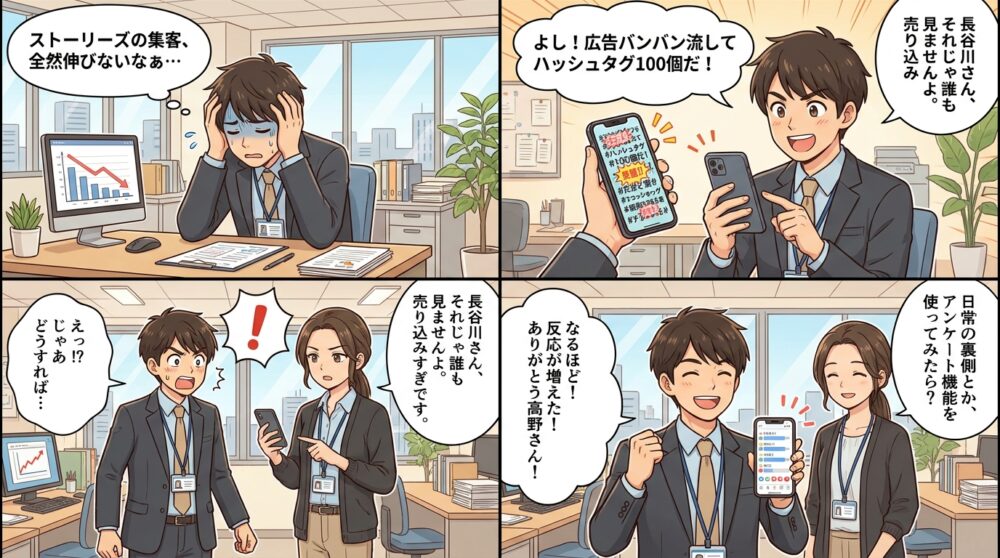 インスタ ストーリーズ 集客の4コマ漫画