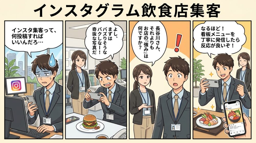 インスタ グラム 飲食 店 集客の4コマ漫画