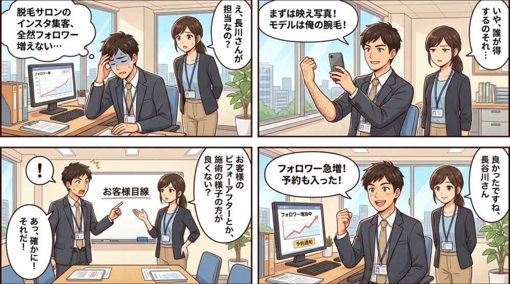 脱毛サロン インスタ 集客の4コマ漫画