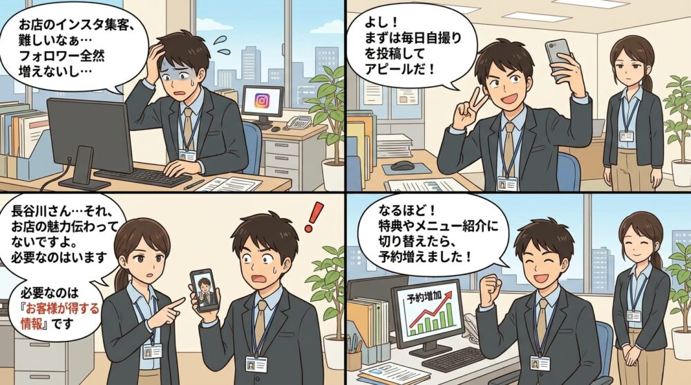 インスタ お店 集客の4コマ漫画