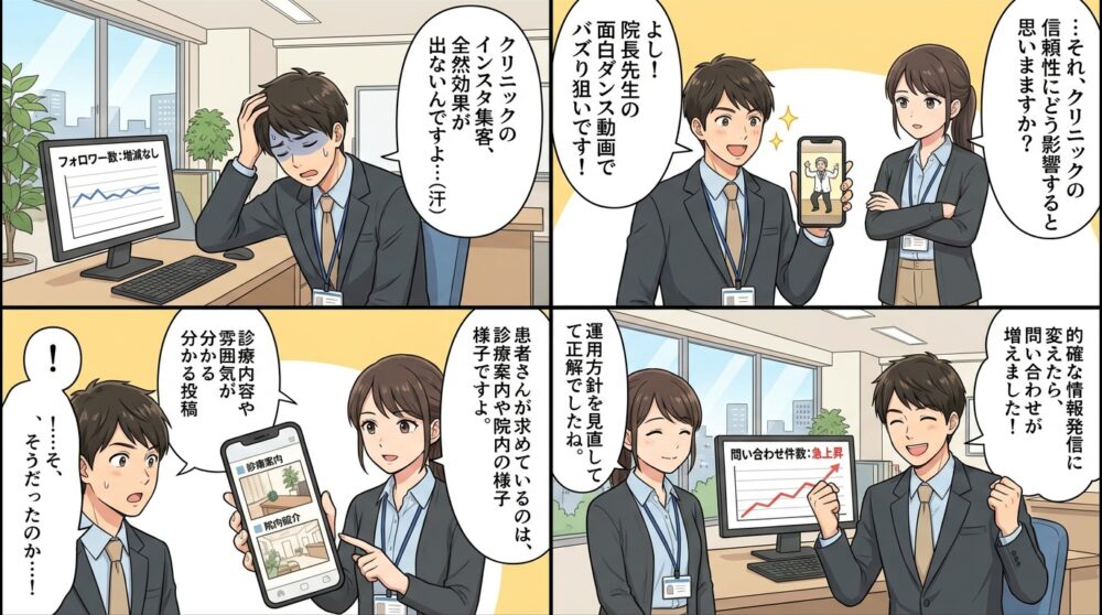 クリニック インスタ 集客の4コマ漫画