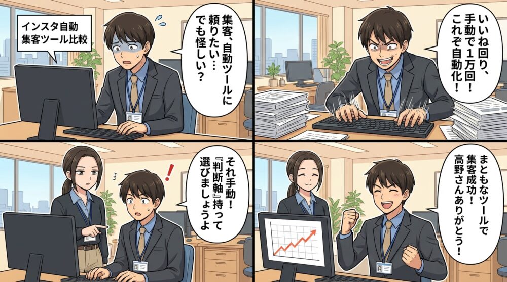 インスタ 自動 集客 ツールの4コマ漫画