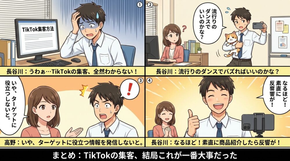 tiktok 集客方法の4コマ漫画